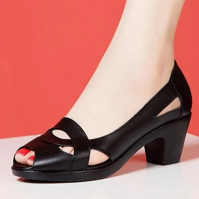 Chunky Heel Peep Toe Hollow Velcro Soft Sandals