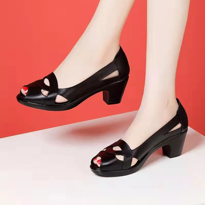 Chunky Heel Peep Toe Hollow Velcro Soft Sandals