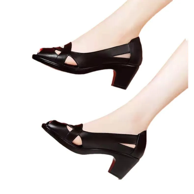 Chunky Heel Peep Toe Hollow Velcro Soft Sandals