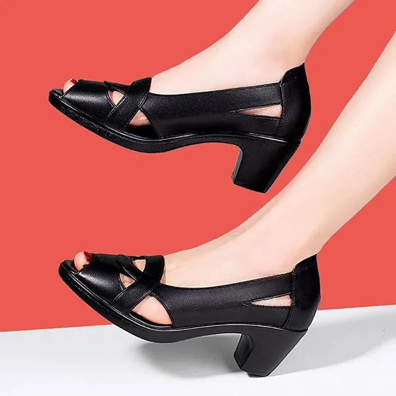Chunky Heel Peep Toe Hollow Velcro Soft Sandals