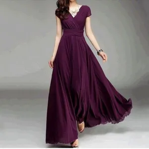 Clearance Bohemian Pure Color Short Sleeves V-neck Long Dress