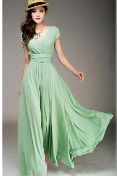 Clearance Bohemian Pure Color Short Sleeves V-neck Long Dress