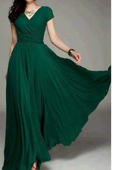 Clearance Bohemian Pure Color Short Sleeves V-neck Long Dress