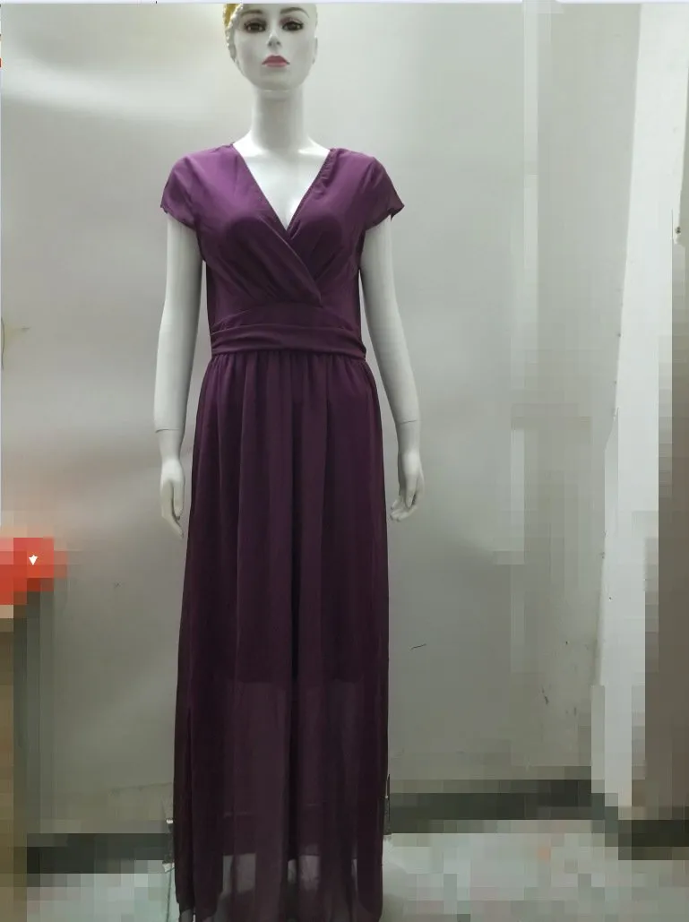 Clearance Bohemian Pure Color Short Sleeves V-neck Long Dress