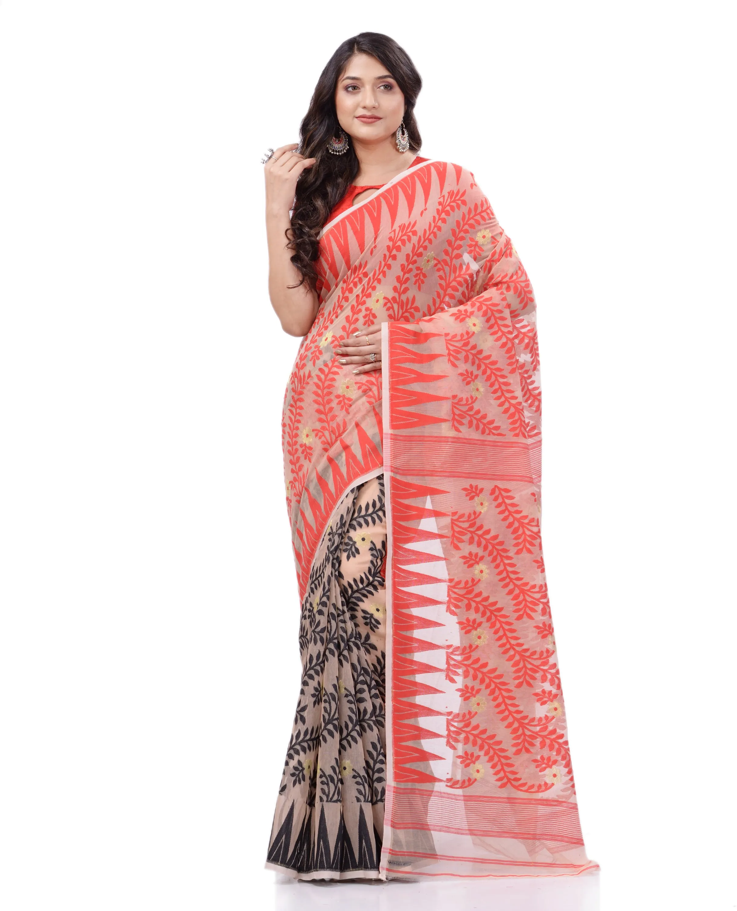 Desh Bidesh Woven Handloom Cotton Silk Saree (Red)