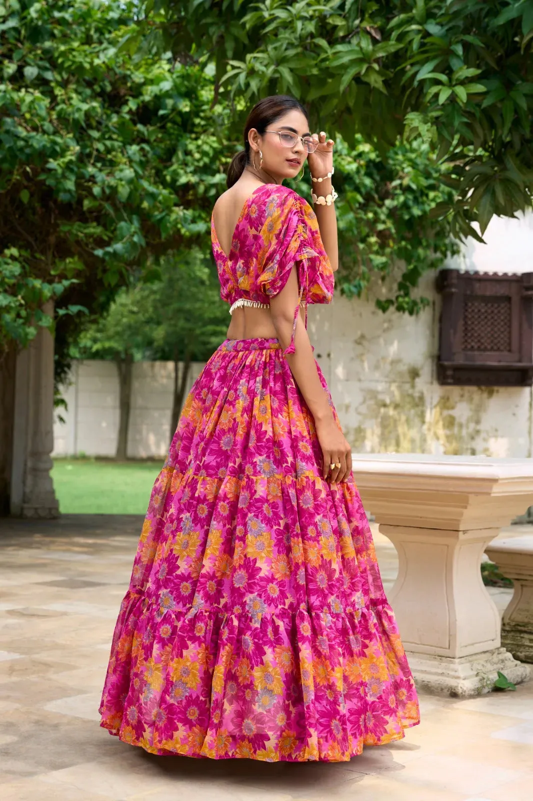Designer Chiffon Pink Floral Printed Lehenga Choli