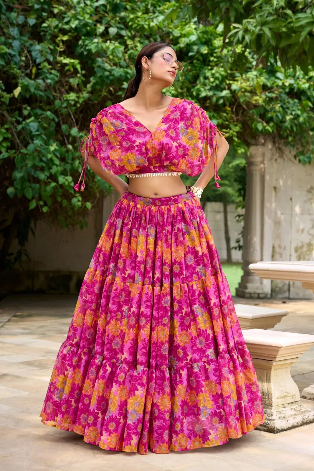 Designer Chiffon Pink Floral Printed Lehenga Choli