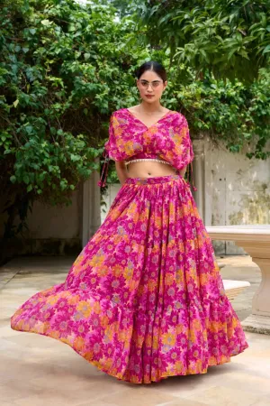Designer Chiffon Pink Floral Printed Lehenga Choli
