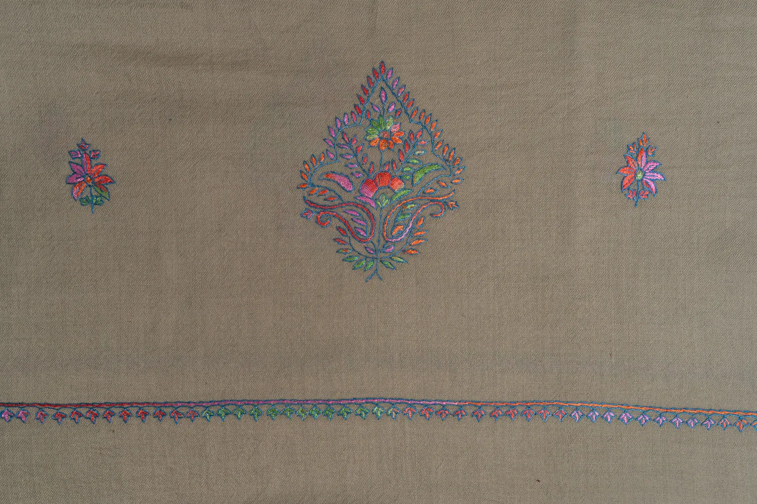 Elegant Beige Kashmiri Hand Embroidered Merino Wool Sozni Shawl with Floral Motifs