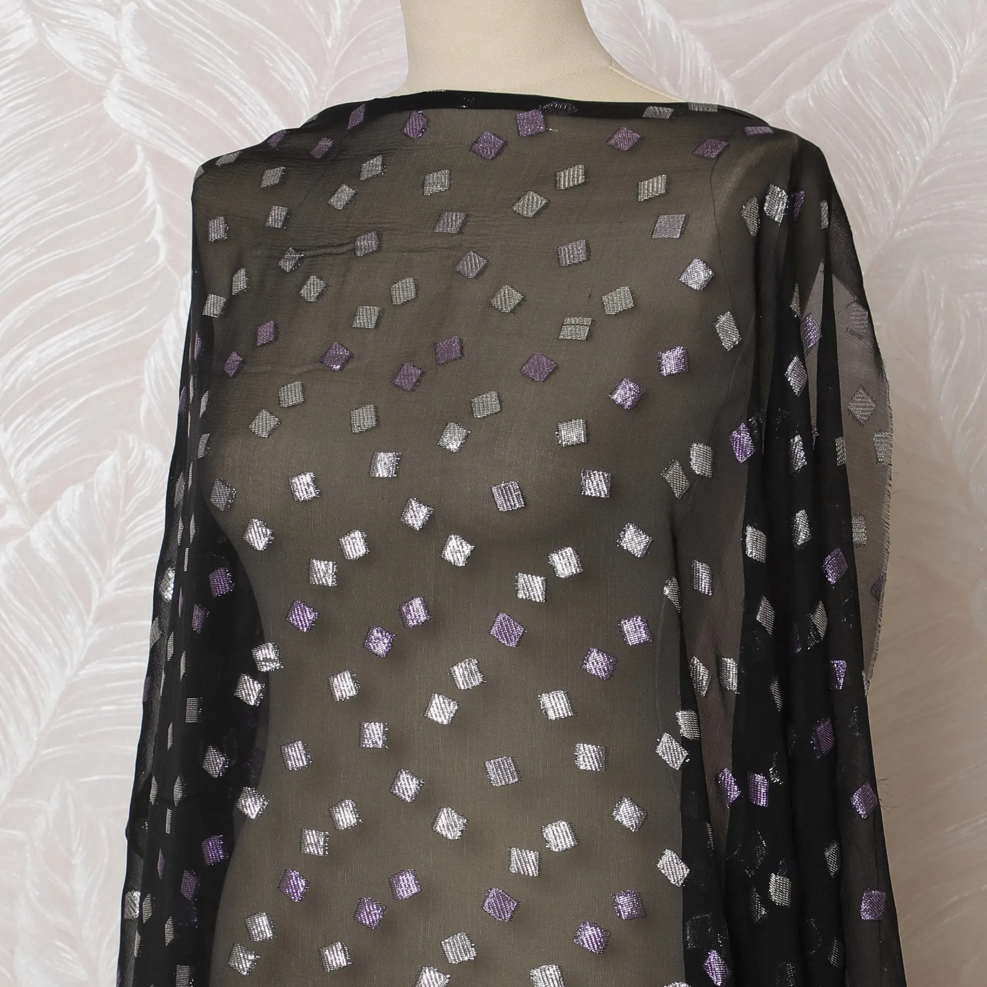 Elegant Black and Silver-Purple Square Pattern Pure French Silk (Fransawi Dirac) Chiffon Fabric – 140 cm Wide X 3.5 Mtrs-D19841