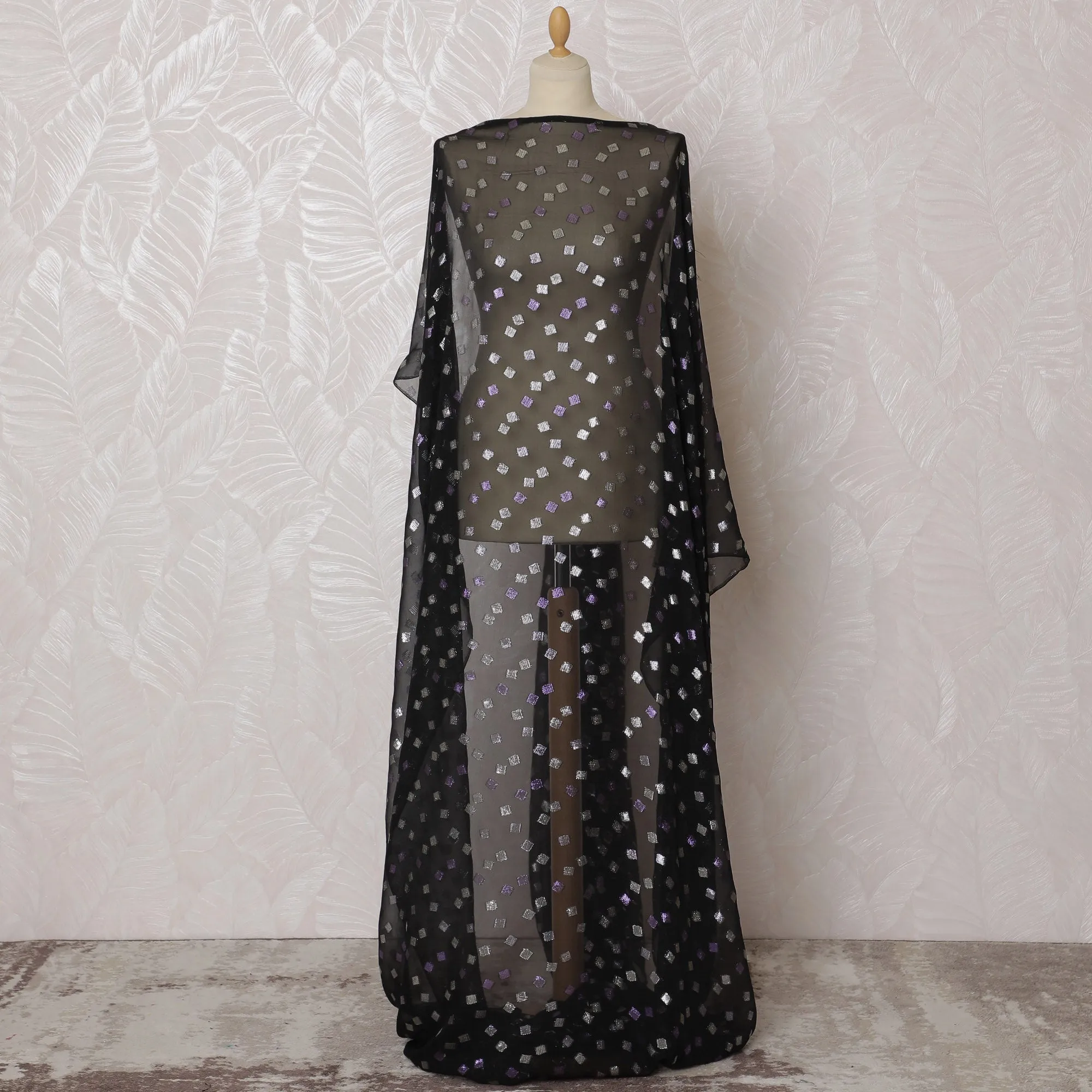 Elegant Black and Silver-Purple Square Pattern Pure French Silk (Fransawi Dirac) Chiffon Fabric – 140 cm Wide X 3.5 Mtrs-D19841