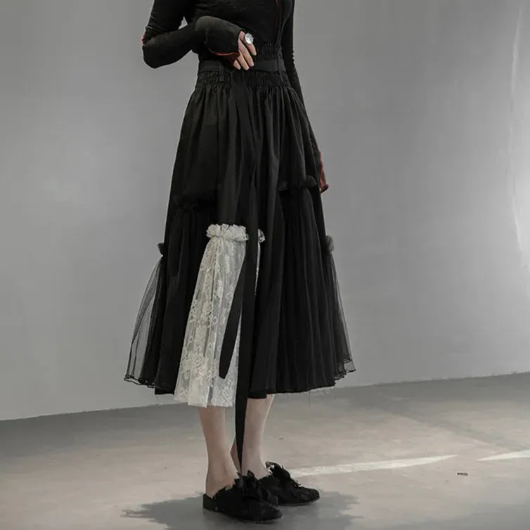 Gothic High-Waisted Tulle & Lace Skirt with Belted Waist – Casual Minimal Goth Collection