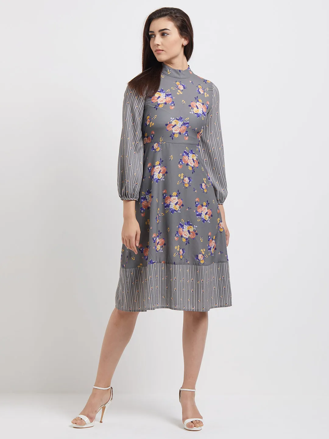 Grey Floral Printed  Dress