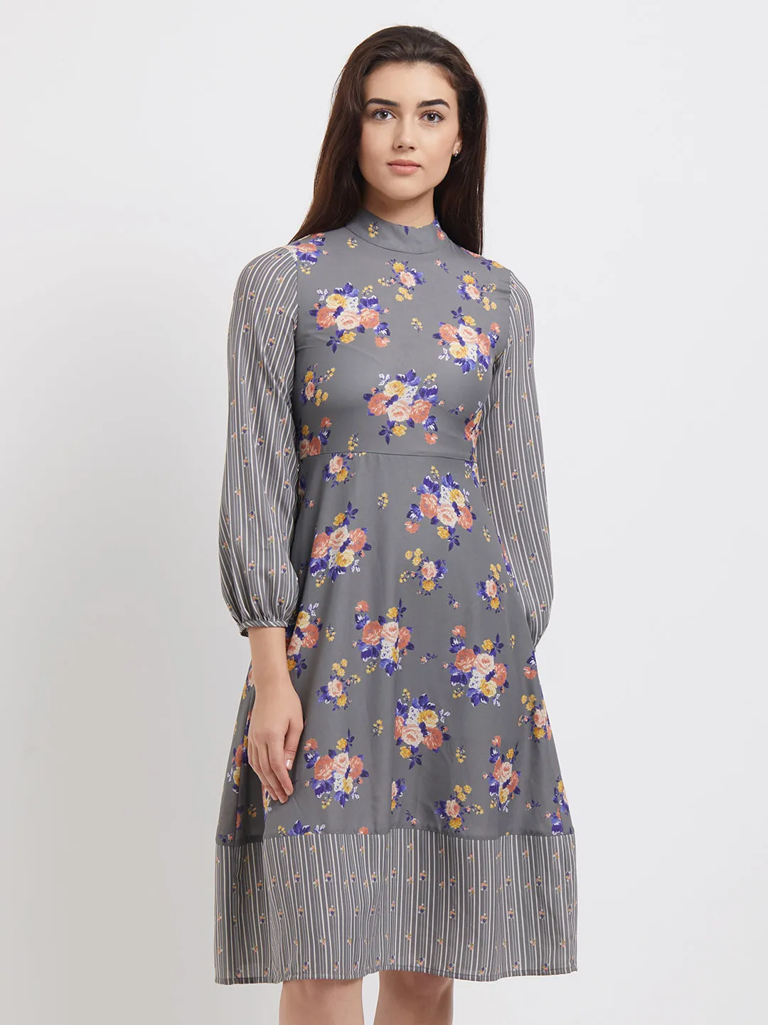 Grey Floral Printed  Dress
