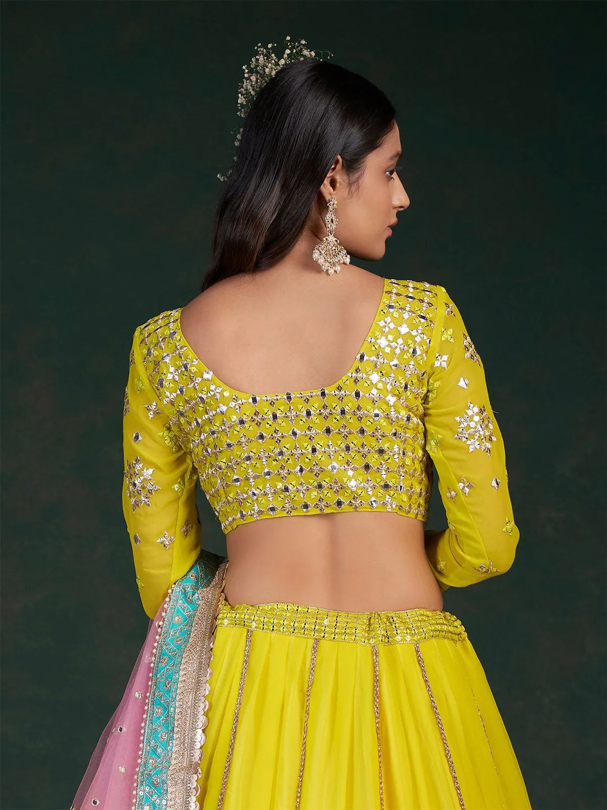 Lime Embroidered Festive Semi Stitched Lehenga With  Unstitched Blouse