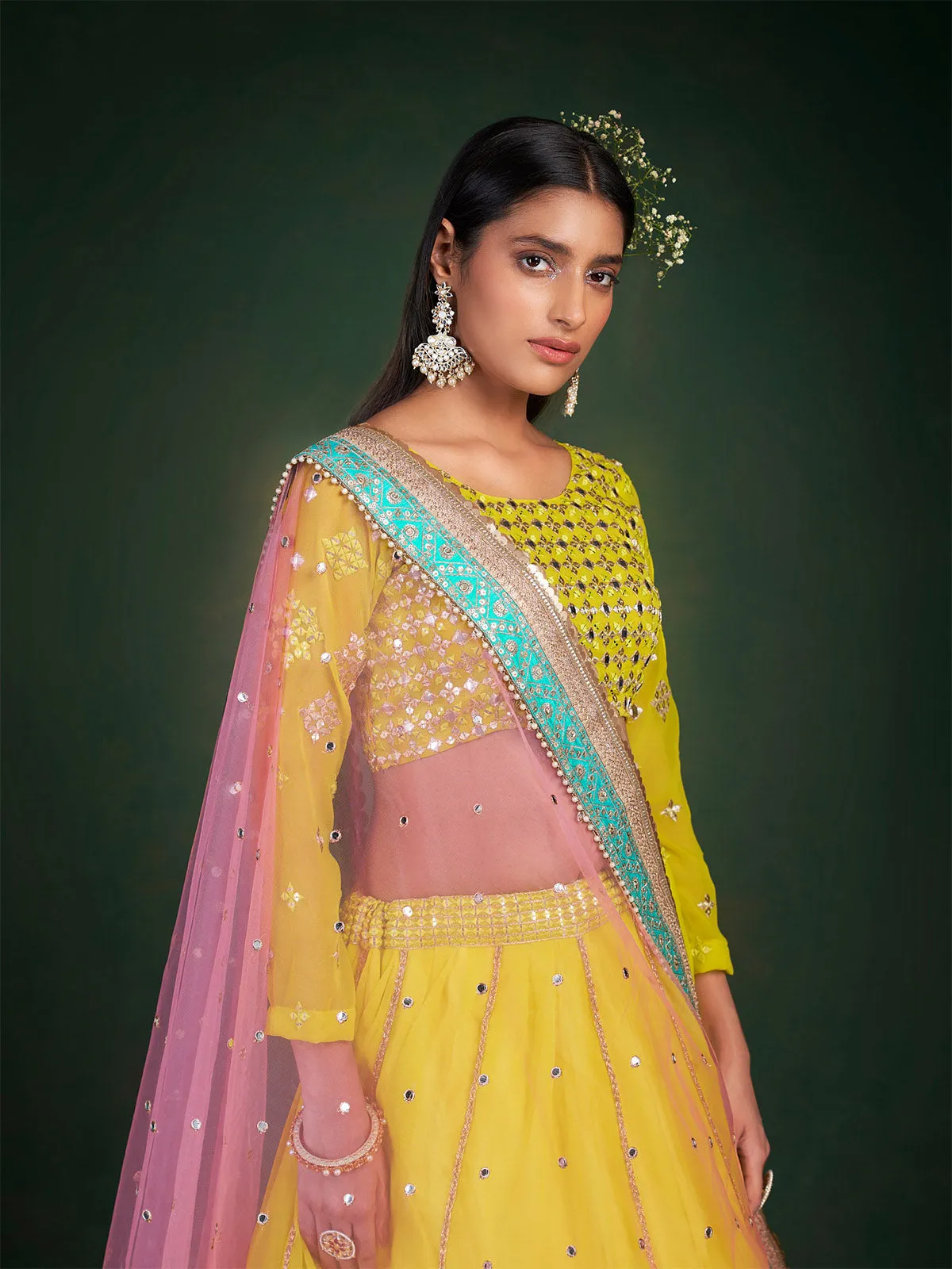 Lime Embroidered Festive Semi Stitched Lehenga With  Unstitched Blouse
