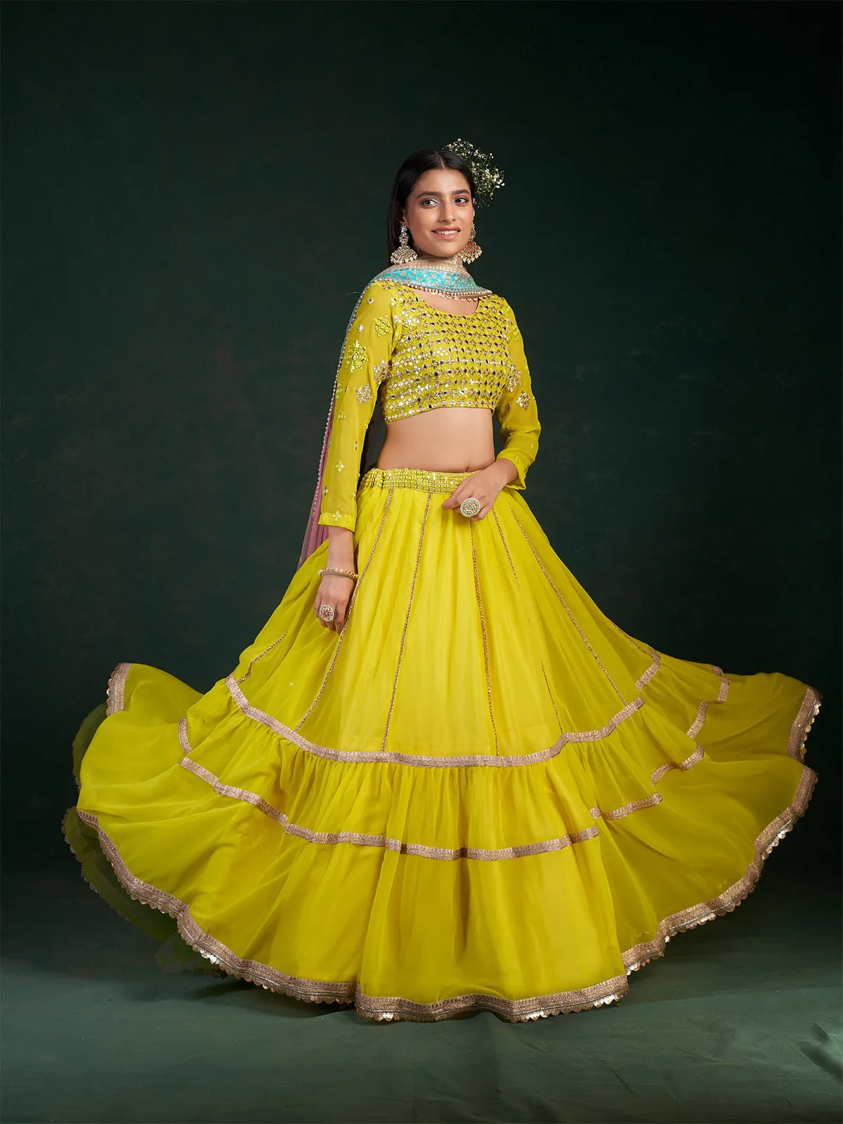 Lime Embroidered Festive Semi Stitched Lehenga With  Unstitched Blouse