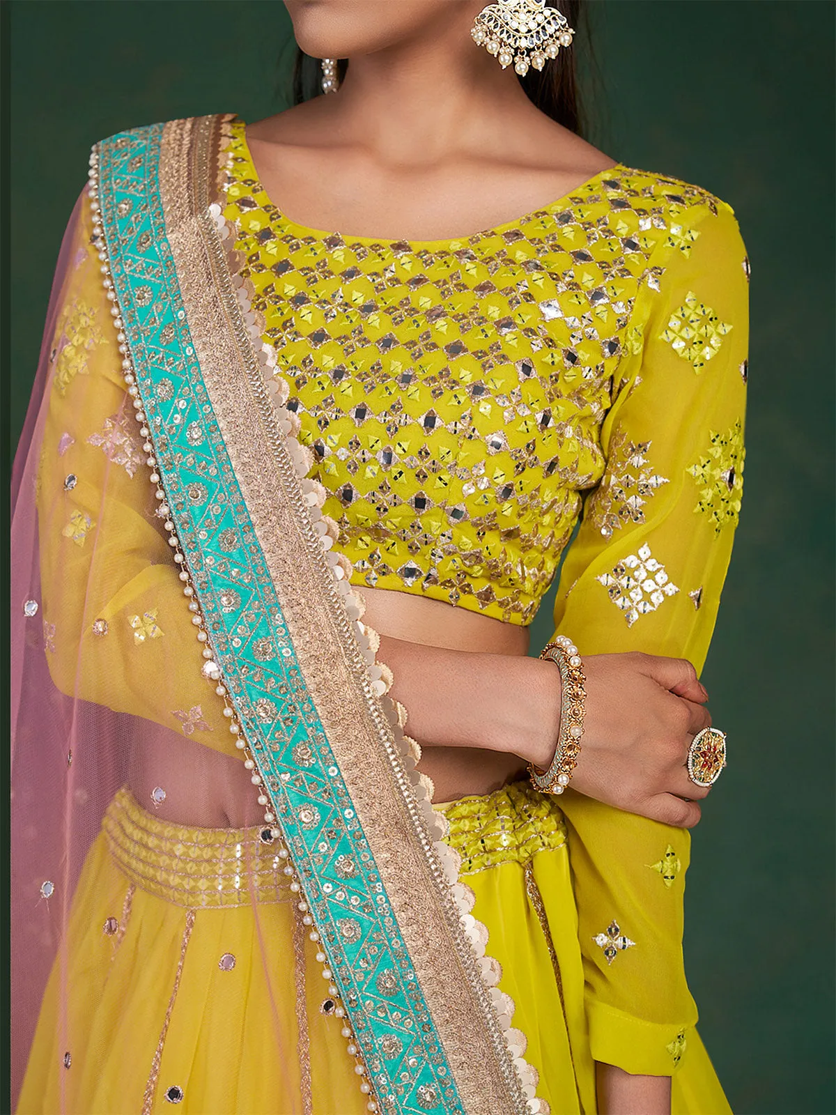 Lime Embroidered Festive Semi Stitched Lehenga With  Unstitched Blouse