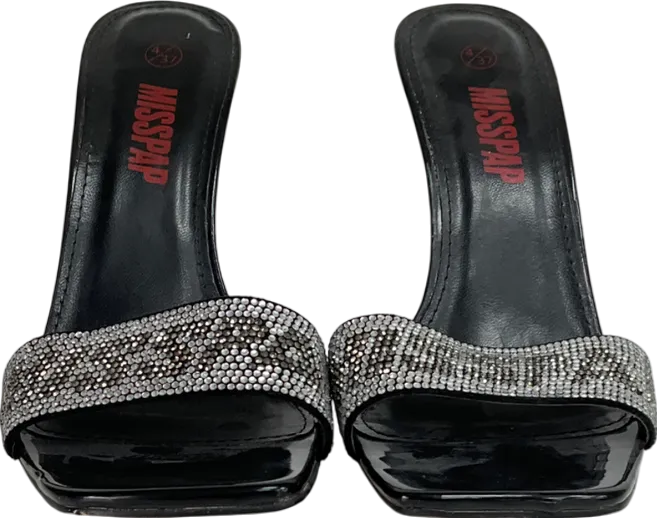 Misspap Black Embellished Logo Printed Diamanté Heels UK 4 EU 37 👠