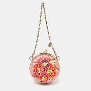 Multicolor Straw and Leather Daisy Round Chain Purse