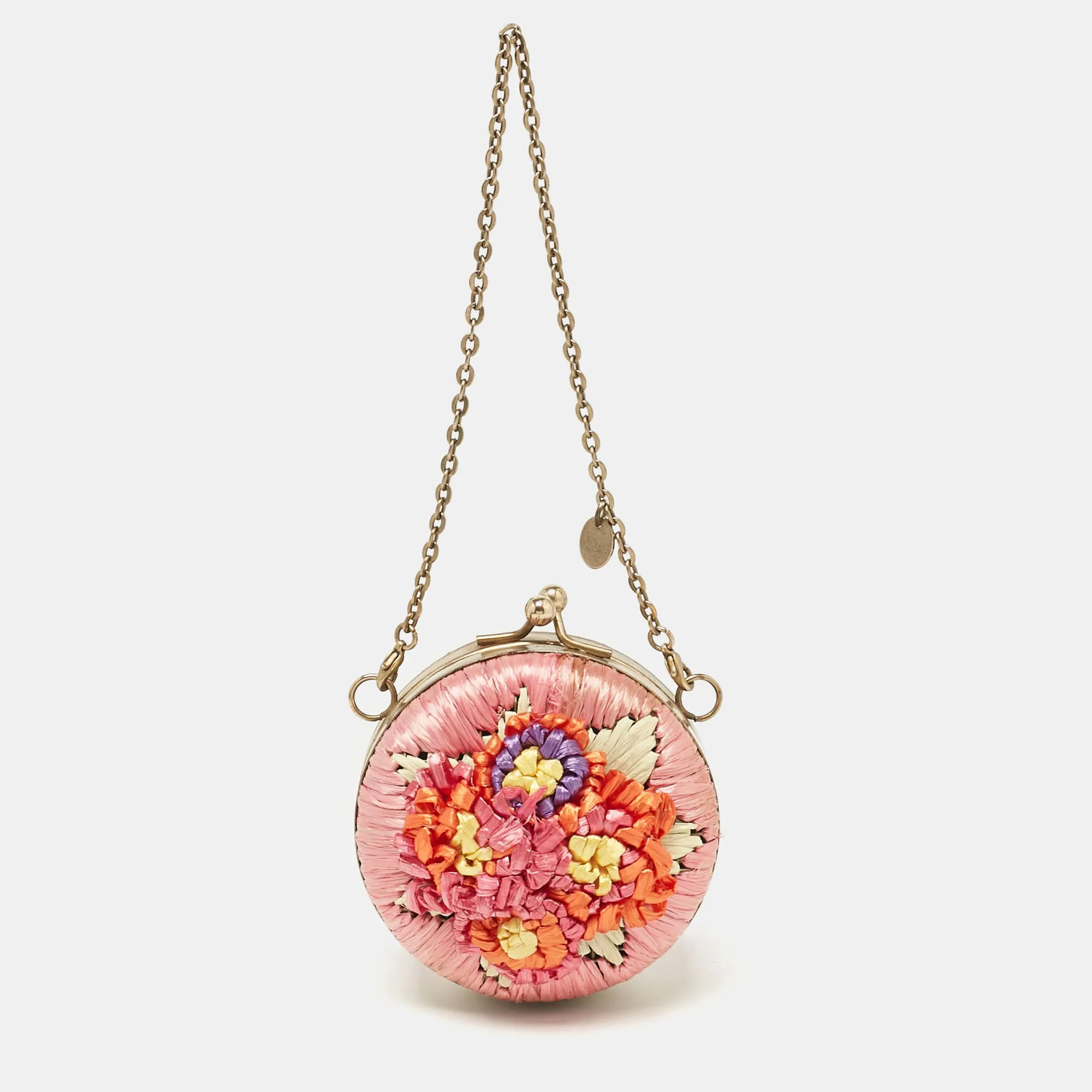 Multicolor Straw and Leather Daisy Round Chain Purse