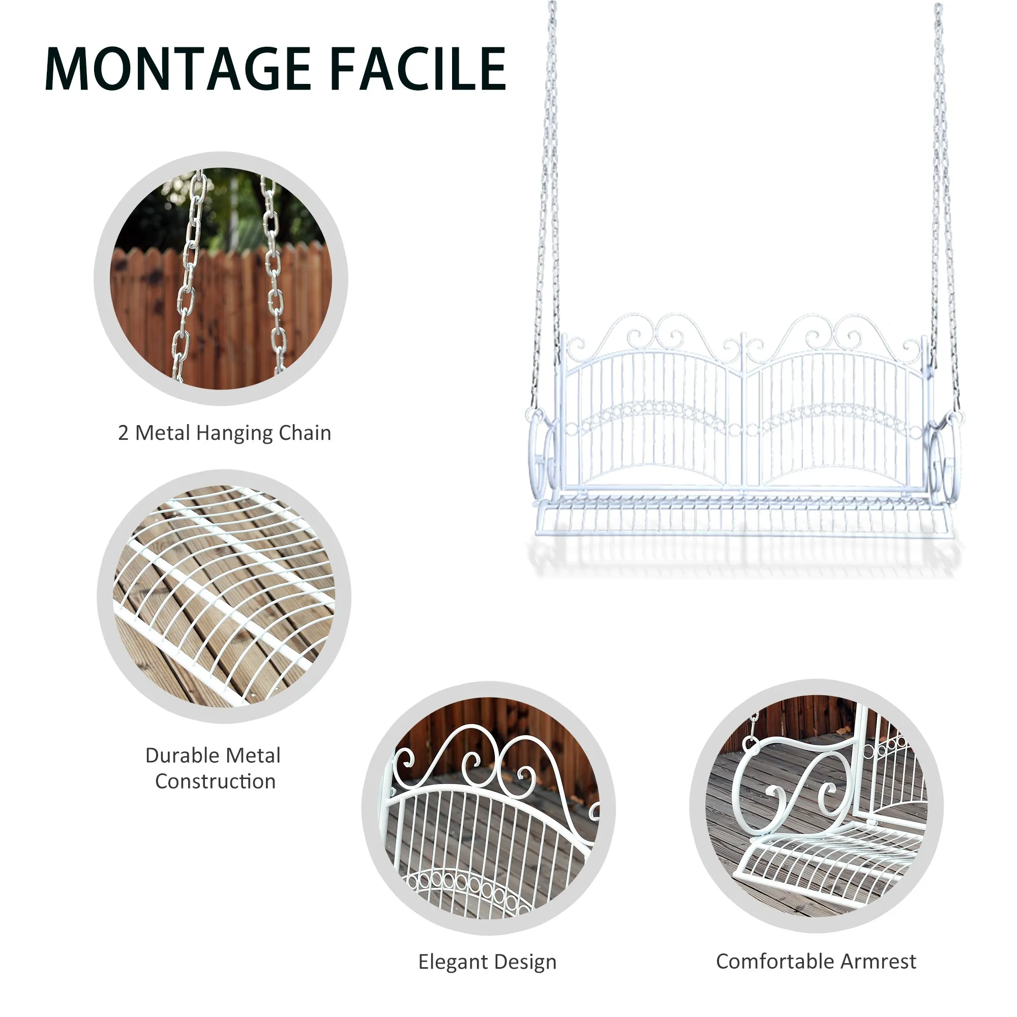 Outsunny Outdoor Garden Solid Metal 2 Seat Swing Chair Hanging Hammock White