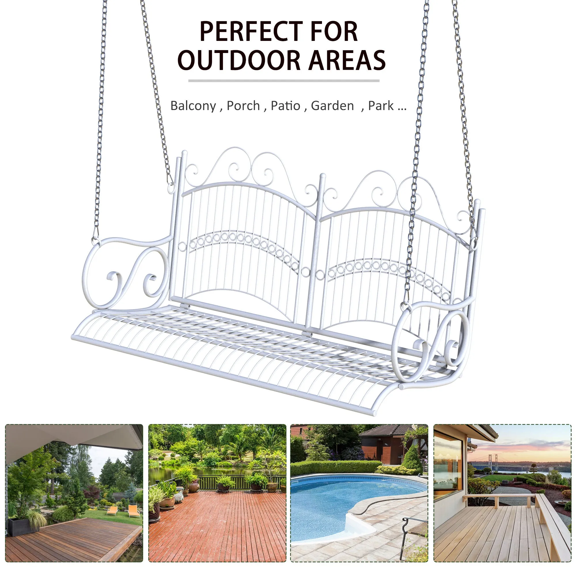Outsunny Outdoor Garden Solid Metal 2 Seat Swing Chair Hanging Hammock White