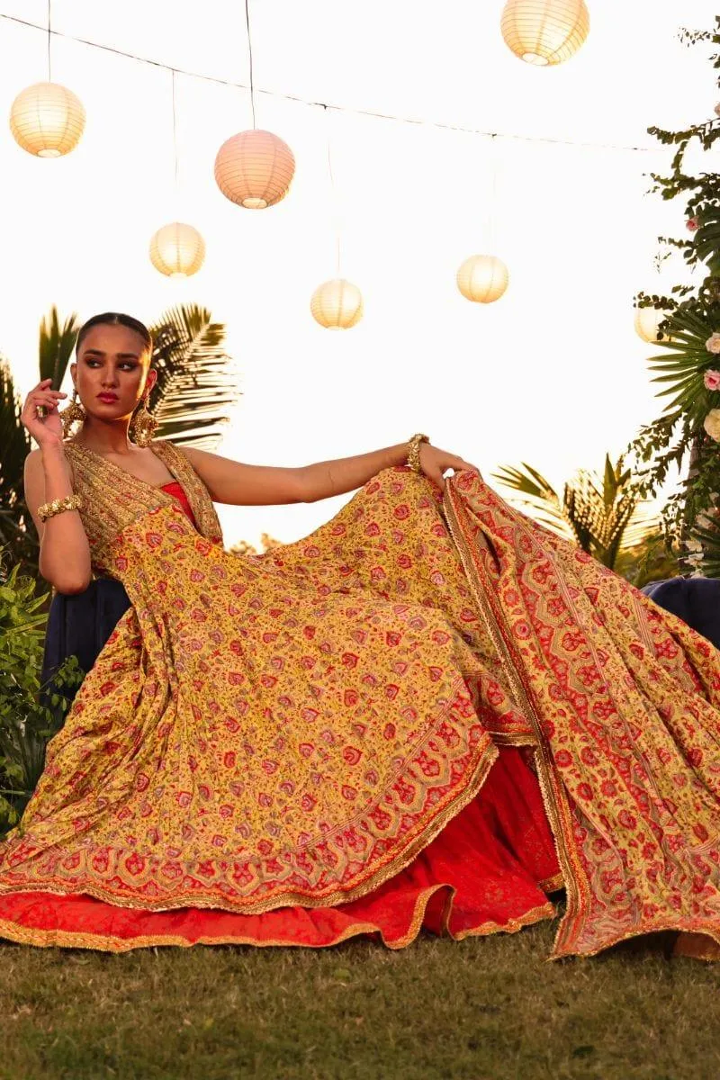 Pinktree - Head Over Heels - Gharara & Choli - Citrus Green & Gold - 3 Piece