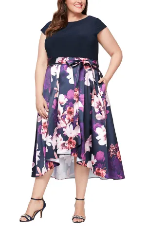 Plus - Cap Sleeve Printed Silk Skirt Party Dress with Tie Belt and High/Low Hem