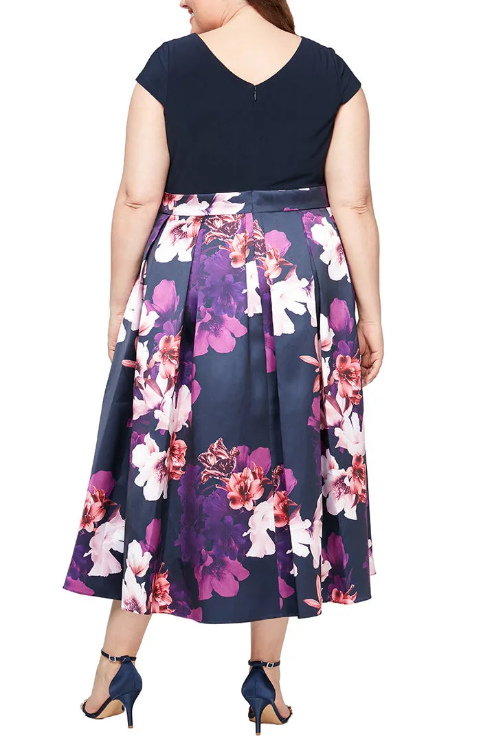 Plus - Cap Sleeve Printed Silk Skirt Party Dress with Tie Belt and High/Low Hem