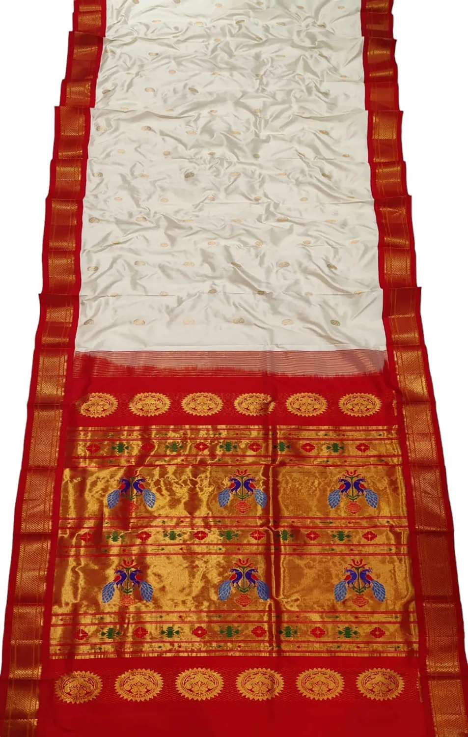 Pure Silk Peacock Design Paithani Saree - White and Red Handloom