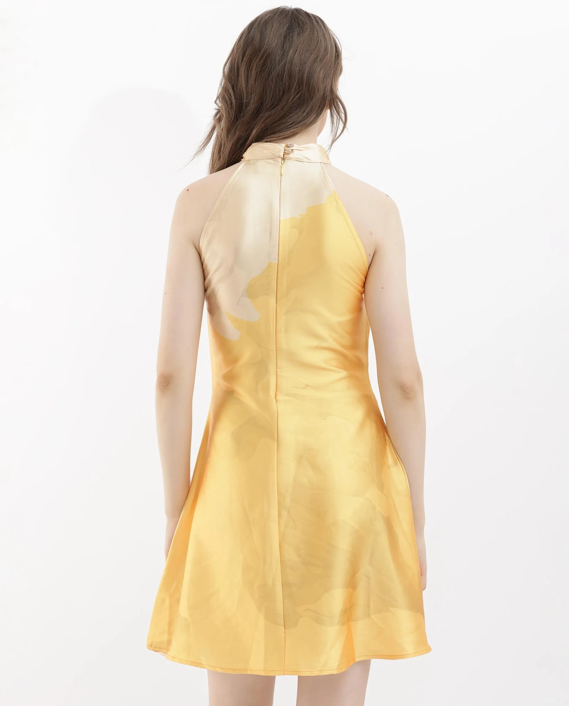 Rareism Women Fumero Yellow Polyester Fabric Zip Closure Halter Neck Sleeveless Straight Fit Floral Print Mini Dress
