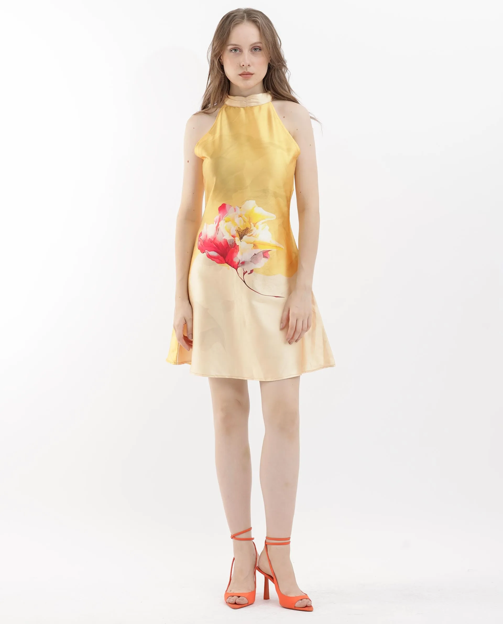 Rareism Women Fumero Yellow Polyester Fabric Zip Closure Halter Neck Sleeveless Straight Fit Floral Print Mini Dress