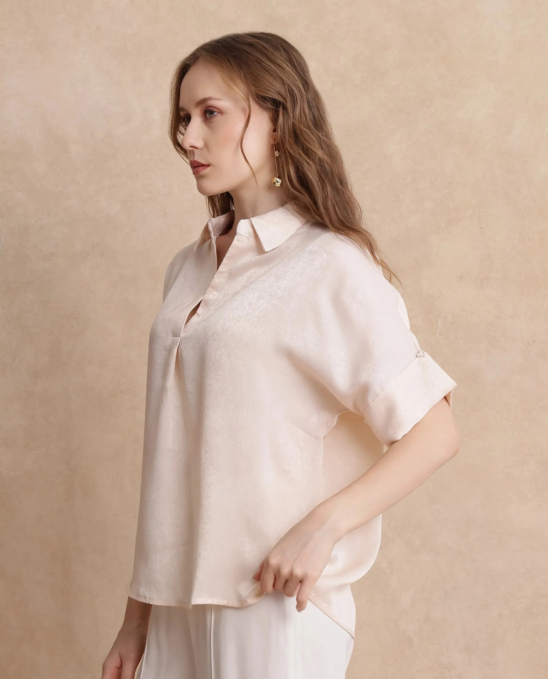 Rareism Women Lamona-T Beige Satin Extended Sleeves Collared Neck Boxy Fit Plain Top