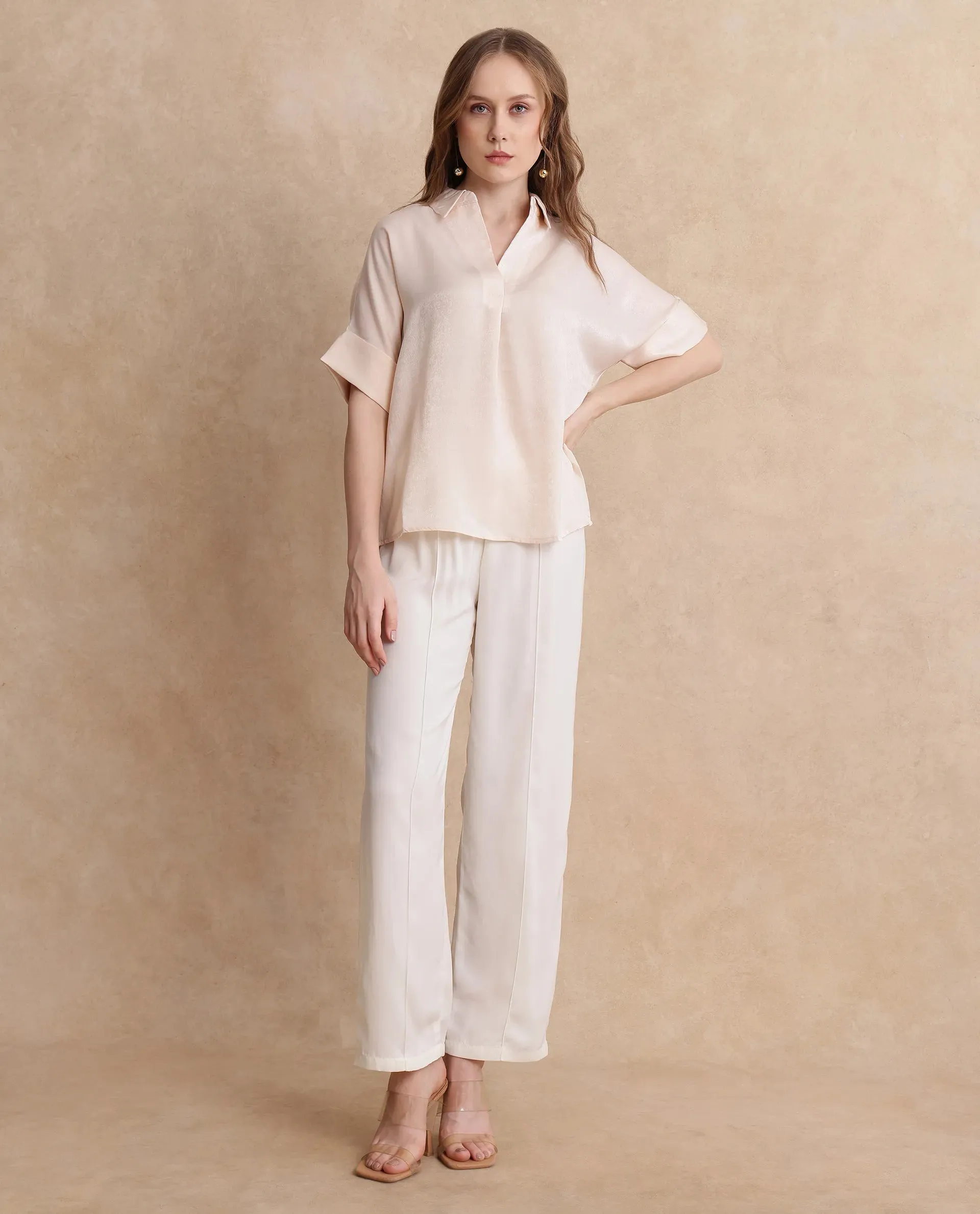 Rareism Women Lamona-T Beige Satin Extended Sleeves Collared Neck Boxy Fit Plain Top
