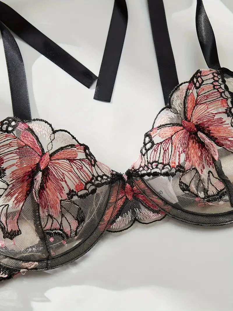 Red Lingerie Set Butterfly Embroidered