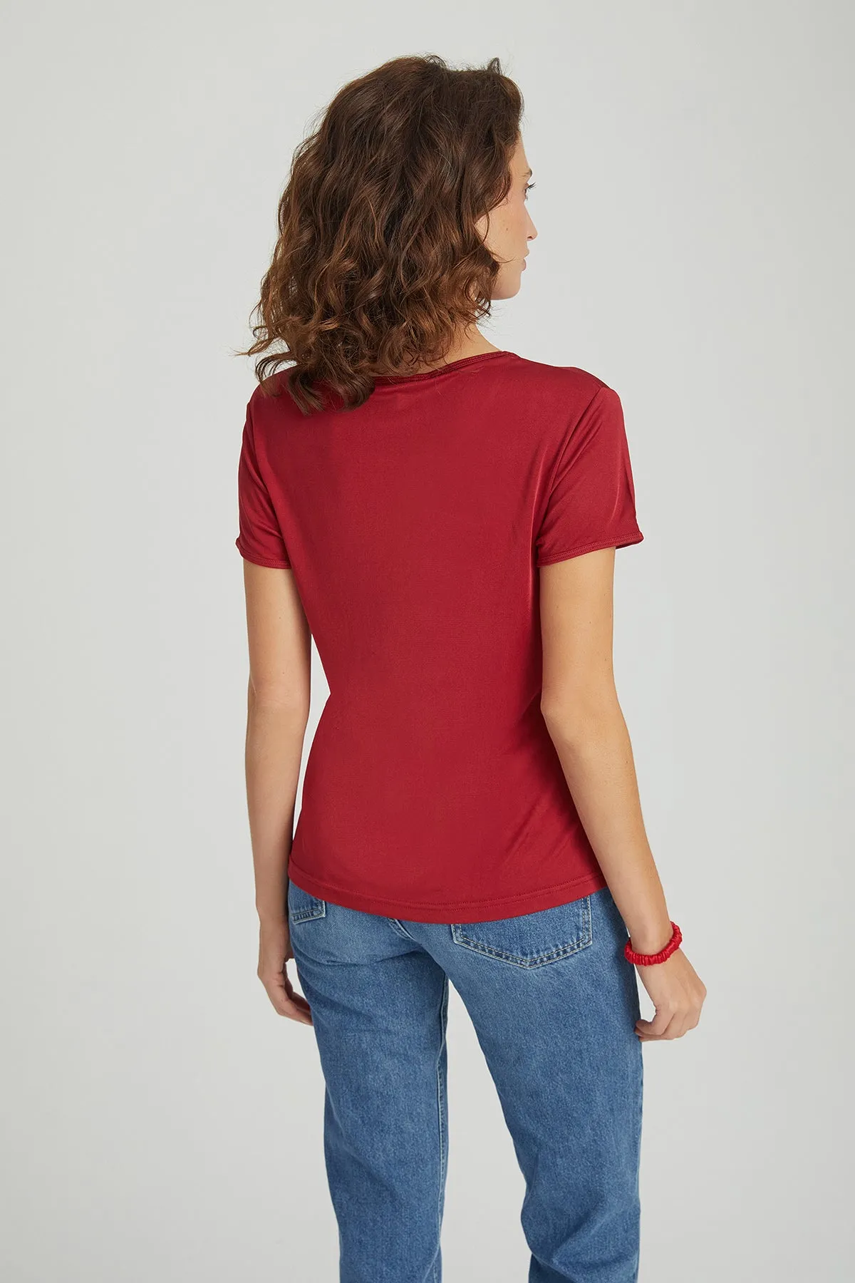 Red Marina Silk Round Neck Short Sleeve T-Shirt