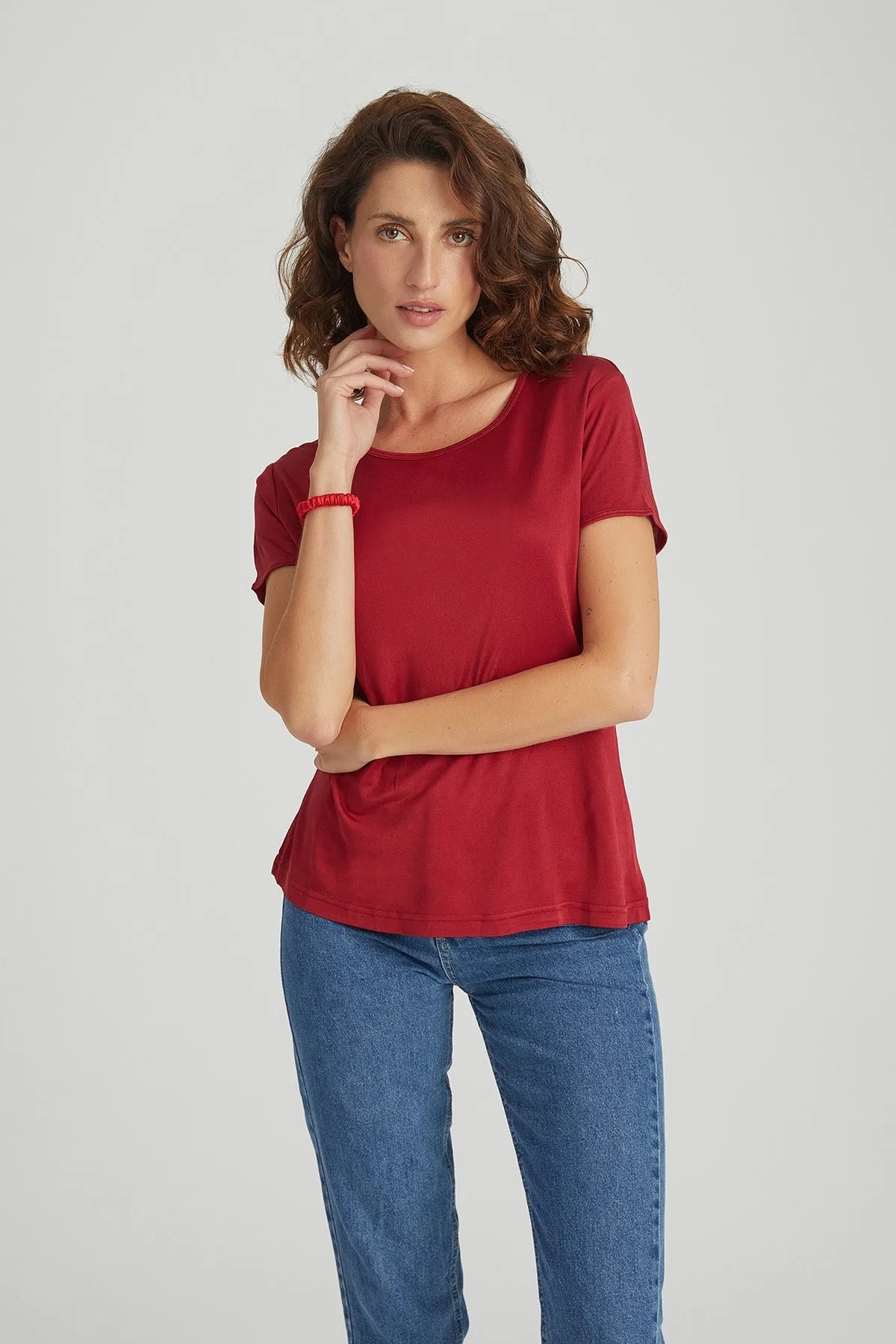 Red Marina Silk Round Neck Short Sleeve T-Shirt