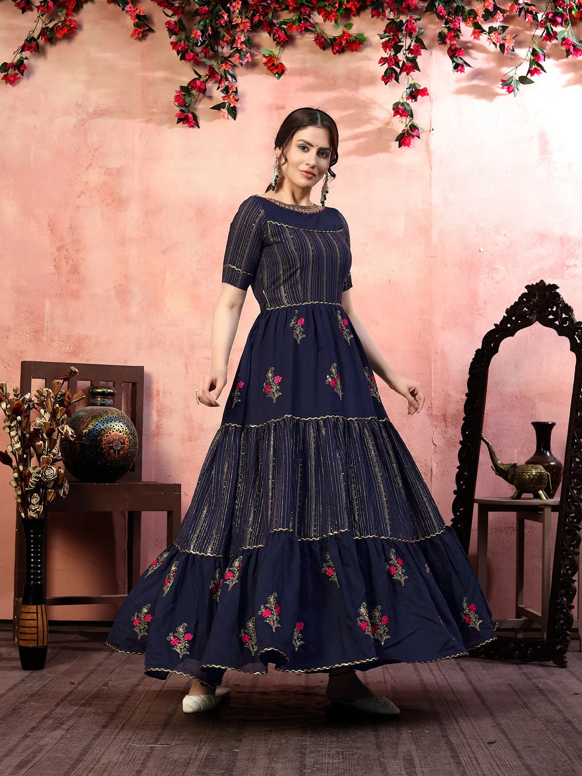 Seductive Navy-Blue Thread With Zari Lining Sequence Embroidered Silk Evening Long Gown Semi Stitched