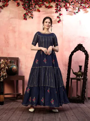 Seductive Navy-Blue Thread With Zari Lining Sequence Embroidered Silk Evening Long Gown Semi Stitched