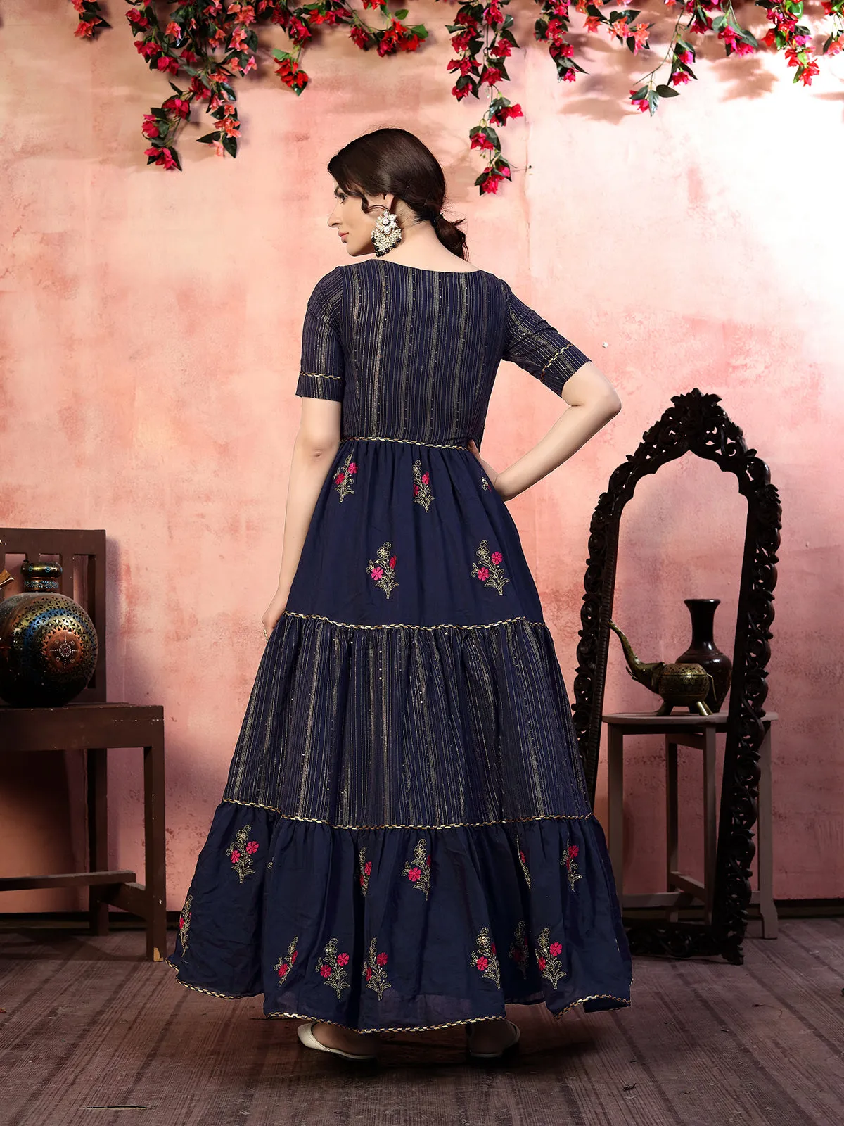 Seductive Navy-Blue Thread With Zari Lining Sequence Embroidered Silk Evening Long Gown Semi Stitched