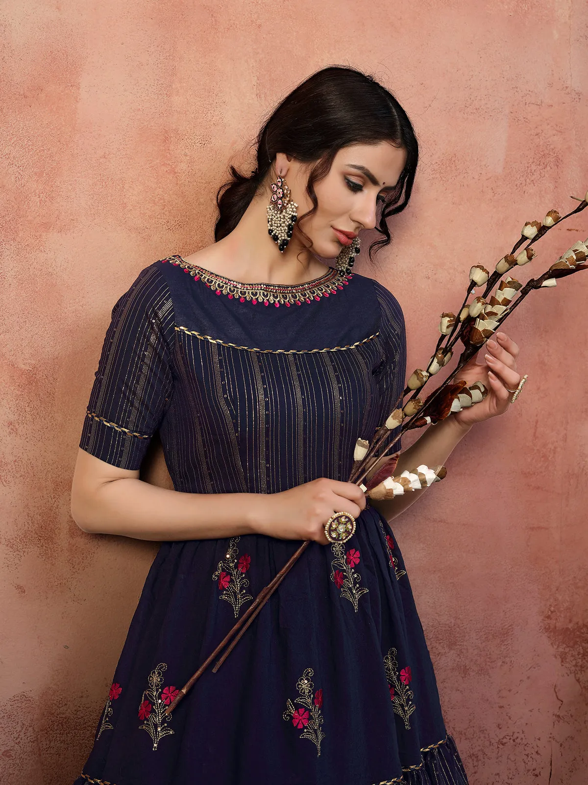 Seductive Navy-Blue Thread With Zari Lining Sequence Embroidered Silk Evening Long Gown Semi Stitched