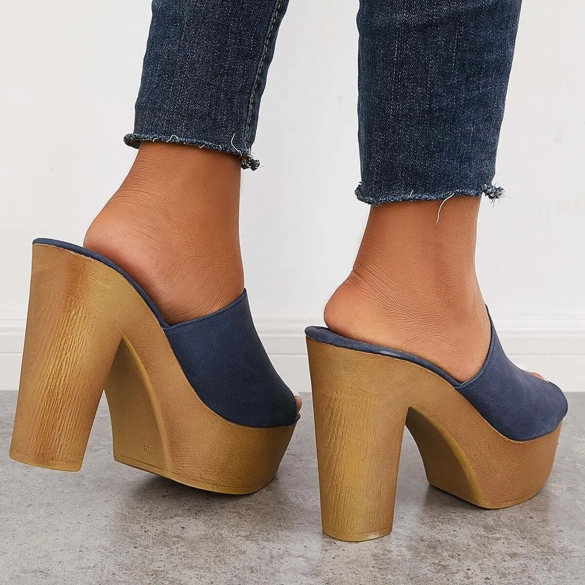Sohiwoo Peep Toe Slip on Platform Chunky Mules High Heel Slide Sandals