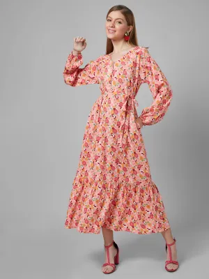 Style Quotient Women Peach And Multi Floral Polyester Fit and flare smart casual Maxi Dress
