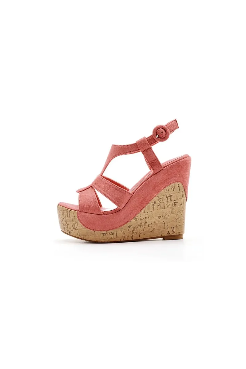 Suede Wood Grain Peep Toe Platform Wedges Sandals