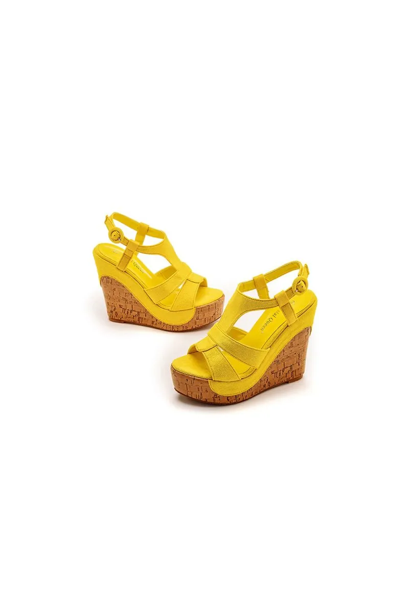 Suede Wood Grain Peep Toe Platform Wedges Sandals