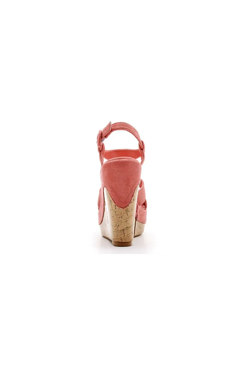 Suede Wood Grain Peep Toe Platform Wedges Sandals