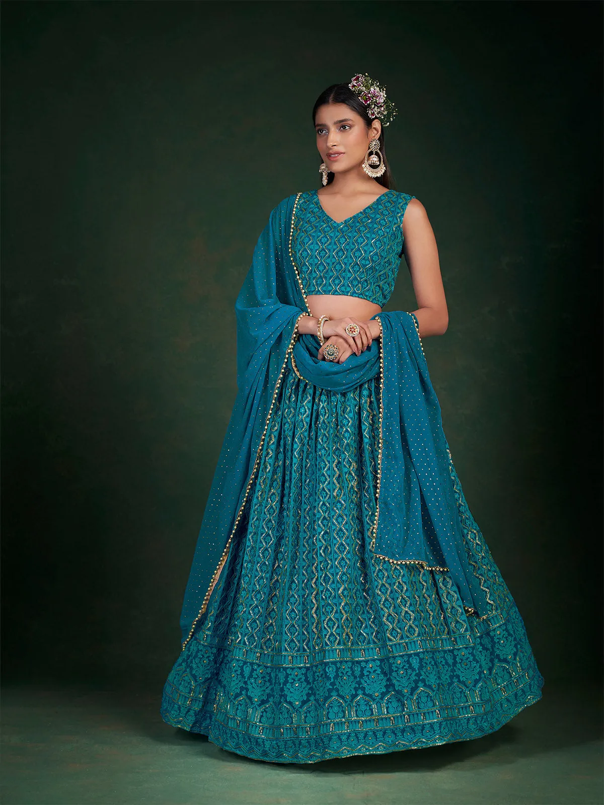 Teal Embroidered Bridal Semi Stitched Lehenga With  Unstitched Blouse