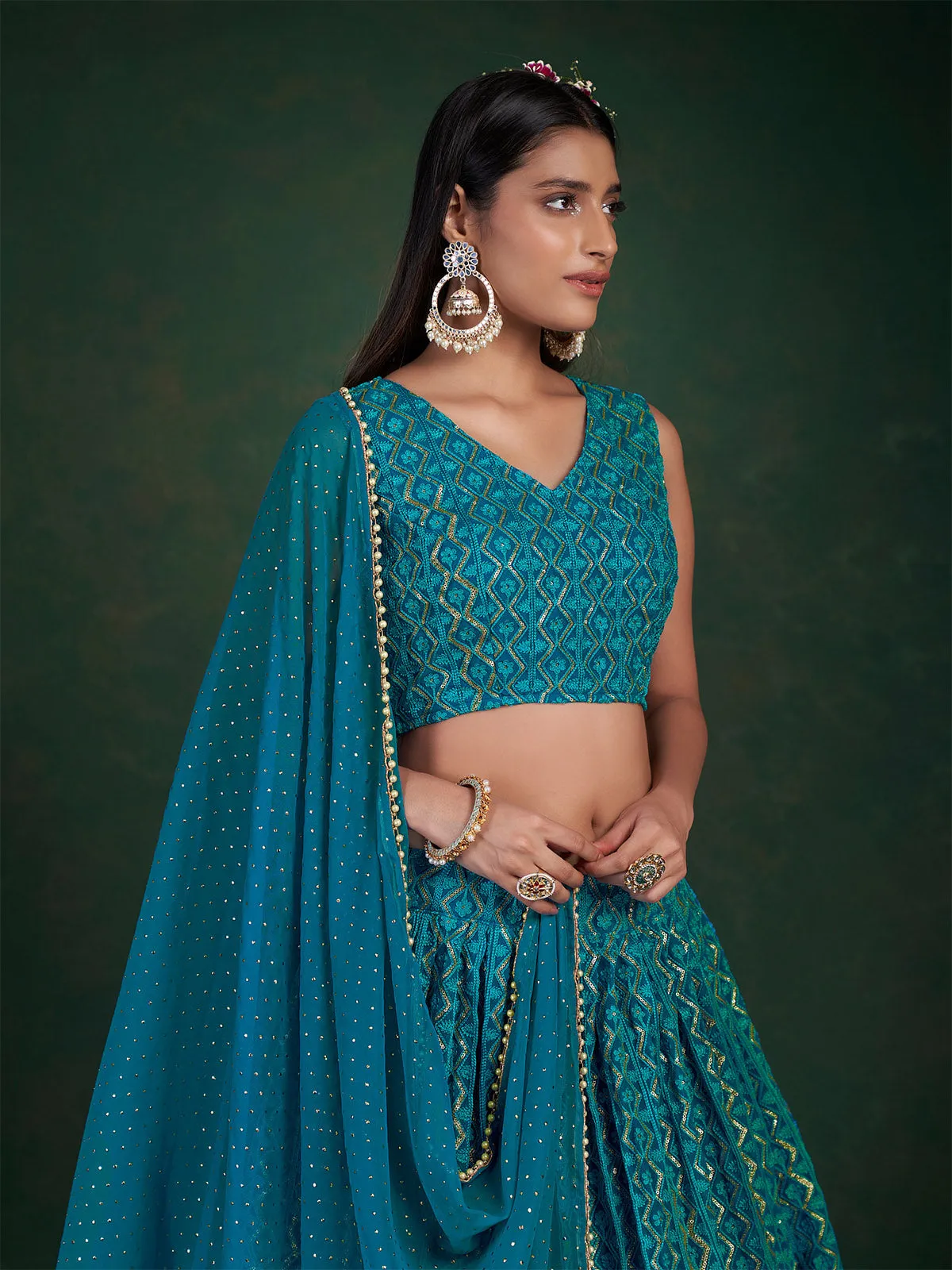 Teal Embroidered Bridal Semi Stitched Lehenga With  Unstitched Blouse