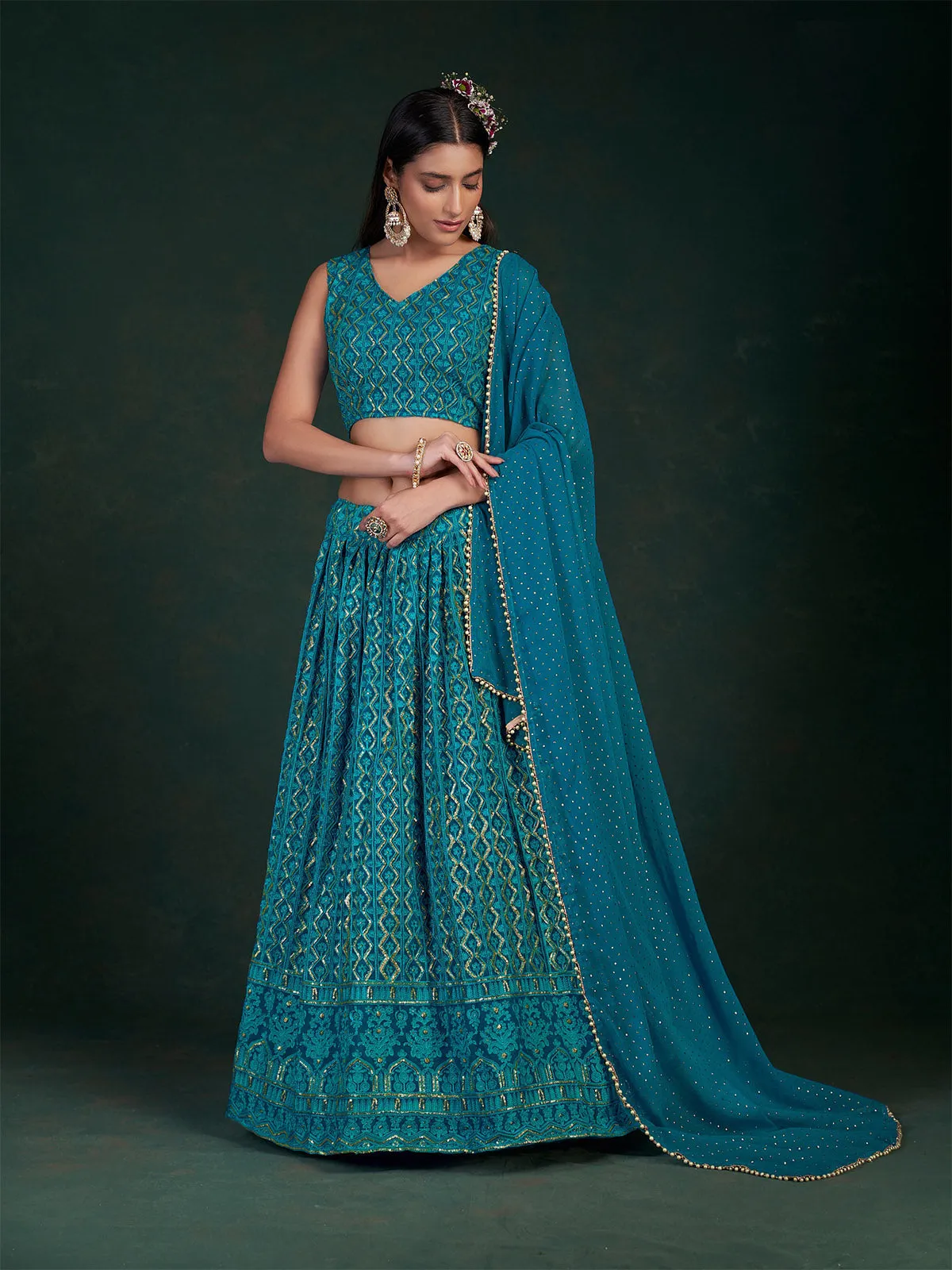 Teal Embroidered Bridal Semi Stitched Lehenga With  Unstitched Blouse